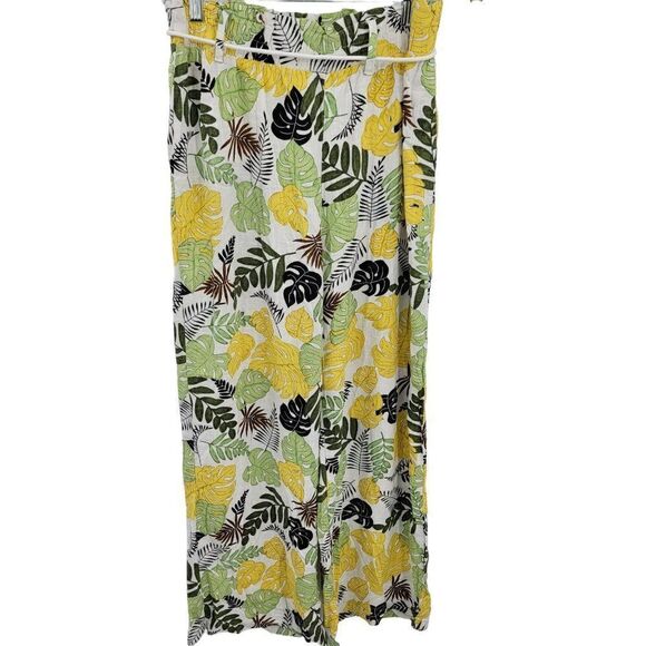 Vintage 80's Palazzo Pants M Tropical Print Linen High Waisted Wide Leg Beach - Picture 3 of 10
